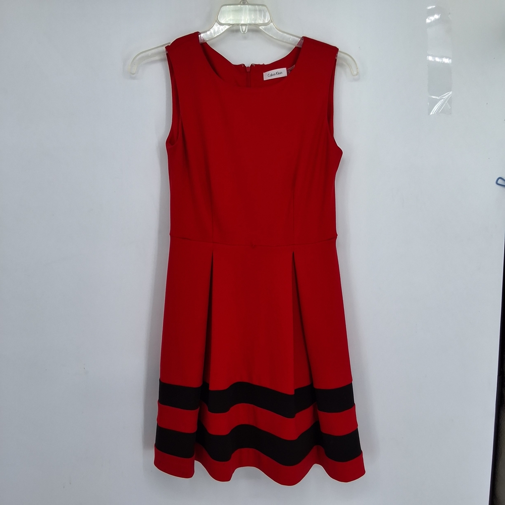 Calvin Klein Sz 6 Red Dress with Black Stripes